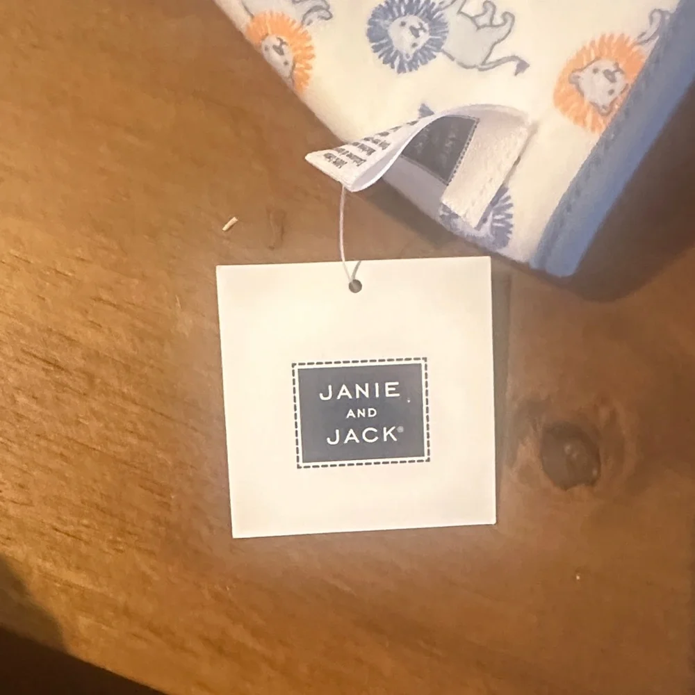 Janie and Jack White Bib with Blue Trim and Embroidered Lion Accent